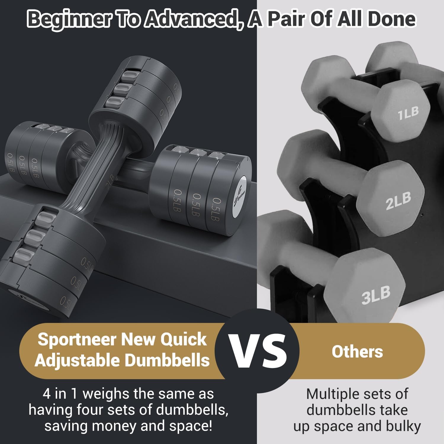 Adjustable Dumbbells Hand Weights Set:  5 Lb Dumbbell Set of 2 Each 2Lb 3Lb 4Lb 5Lb Free Weights Fast Adjust Weight 4 in 1 Weights Dumbbells Set for Women Men Home Gym Exercise Training