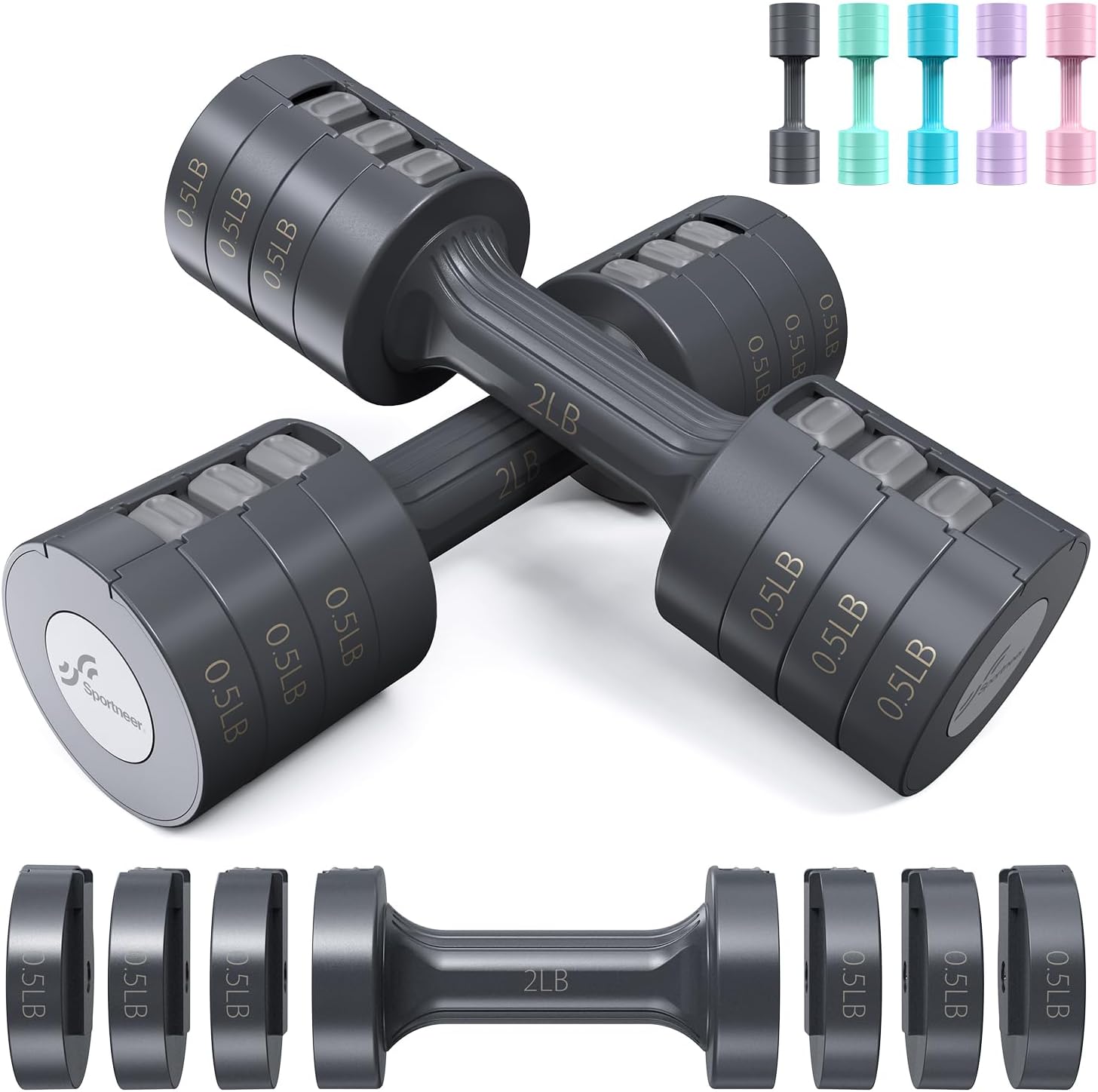 Adjustable Dumbbells Hand Weights Set:  5 Lb Dumbbell Set of 2 Each 2Lb 3Lb 4Lb 5Lb Free Weights Fast Adjust Weight 4 in 1 Weights Dumbbells Set for Women Men Home Gym Exercise Training